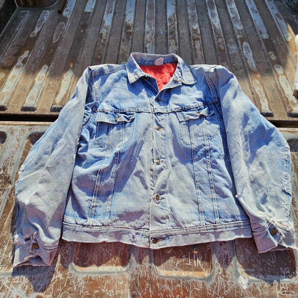 True VTG Lined Denim Trucker Jacket Type 3 Lg (Boxy) Faded And Stained Red Gut
